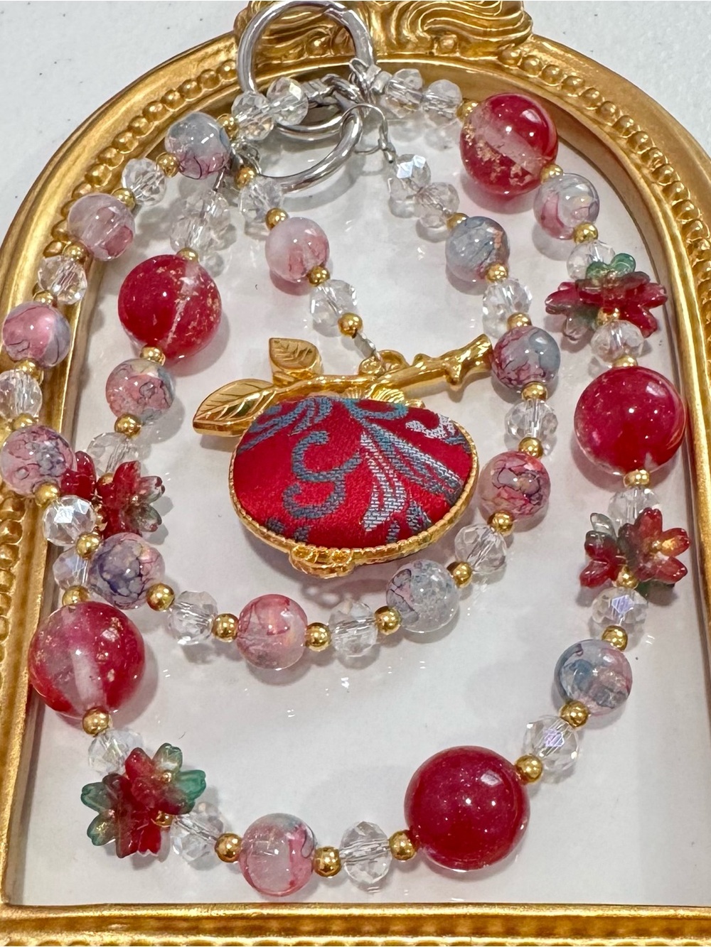 New Red Floral Beaded Phone Chain with Gold Accents